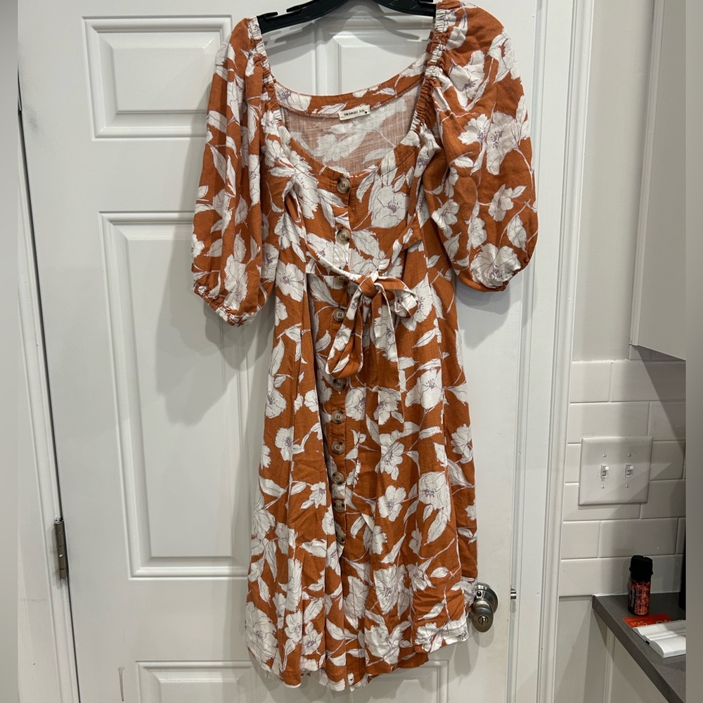 Brown floral midi dress with buttons